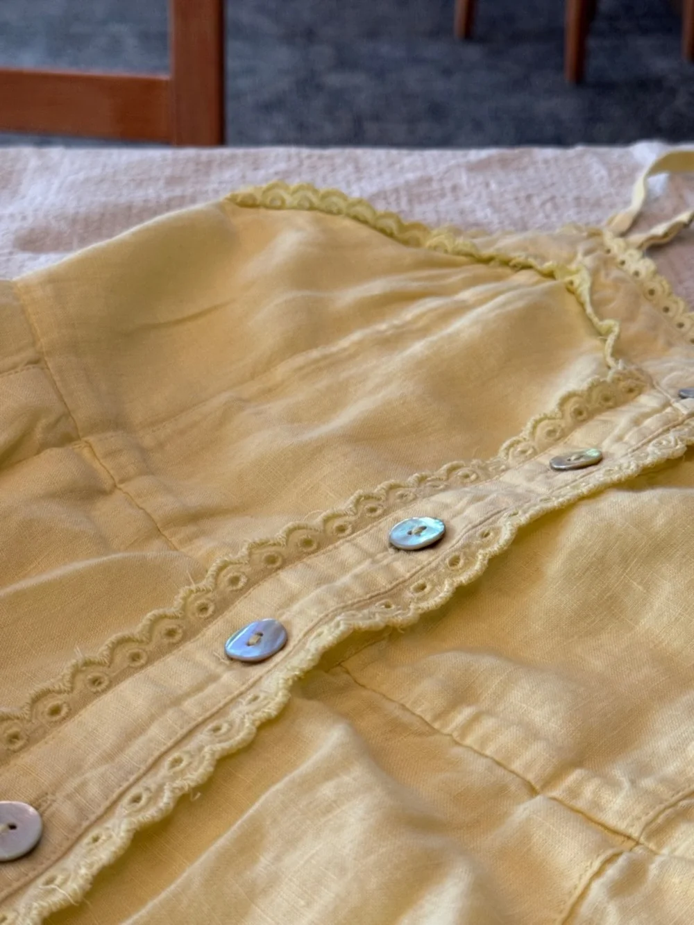 Wilfred 100% linen la boheme Yellow Eyelet Button-Front Midi Dress boho - Picture 10 of 17